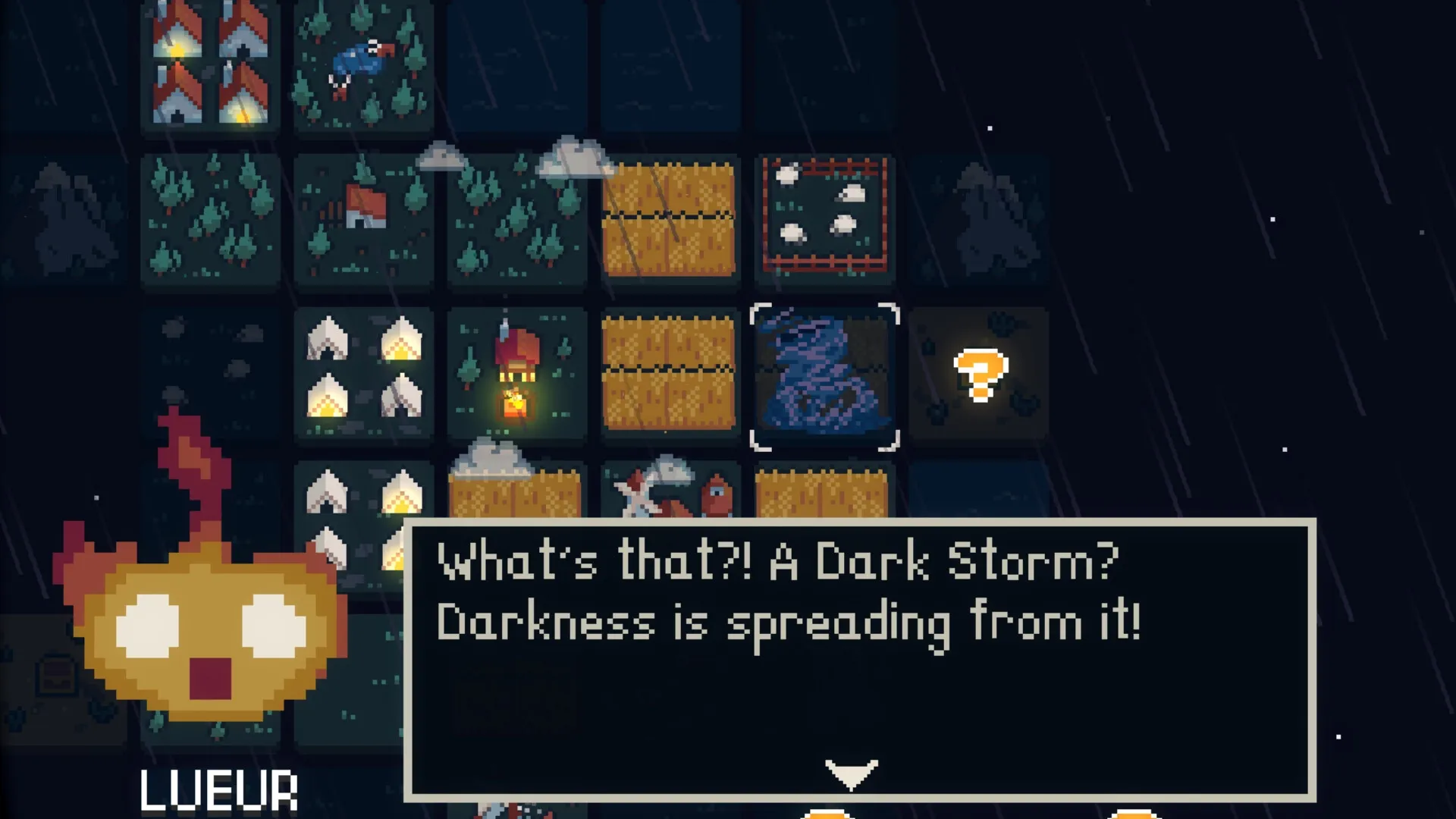 Dawnfolk: Grid view with tiles of farms, forests, and houses; ominous message about a Dark Storm.