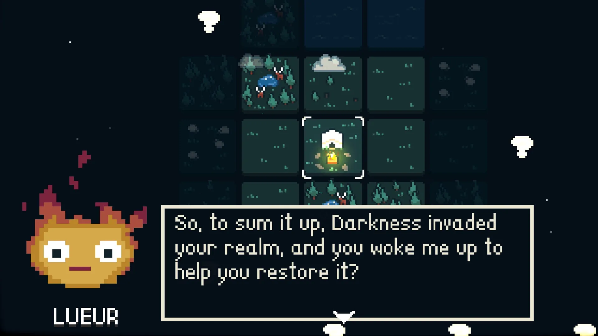 Dawnfolk: Dialogue with Lueur over a grid-based map, highlighting a lit tile in a dark environment.
