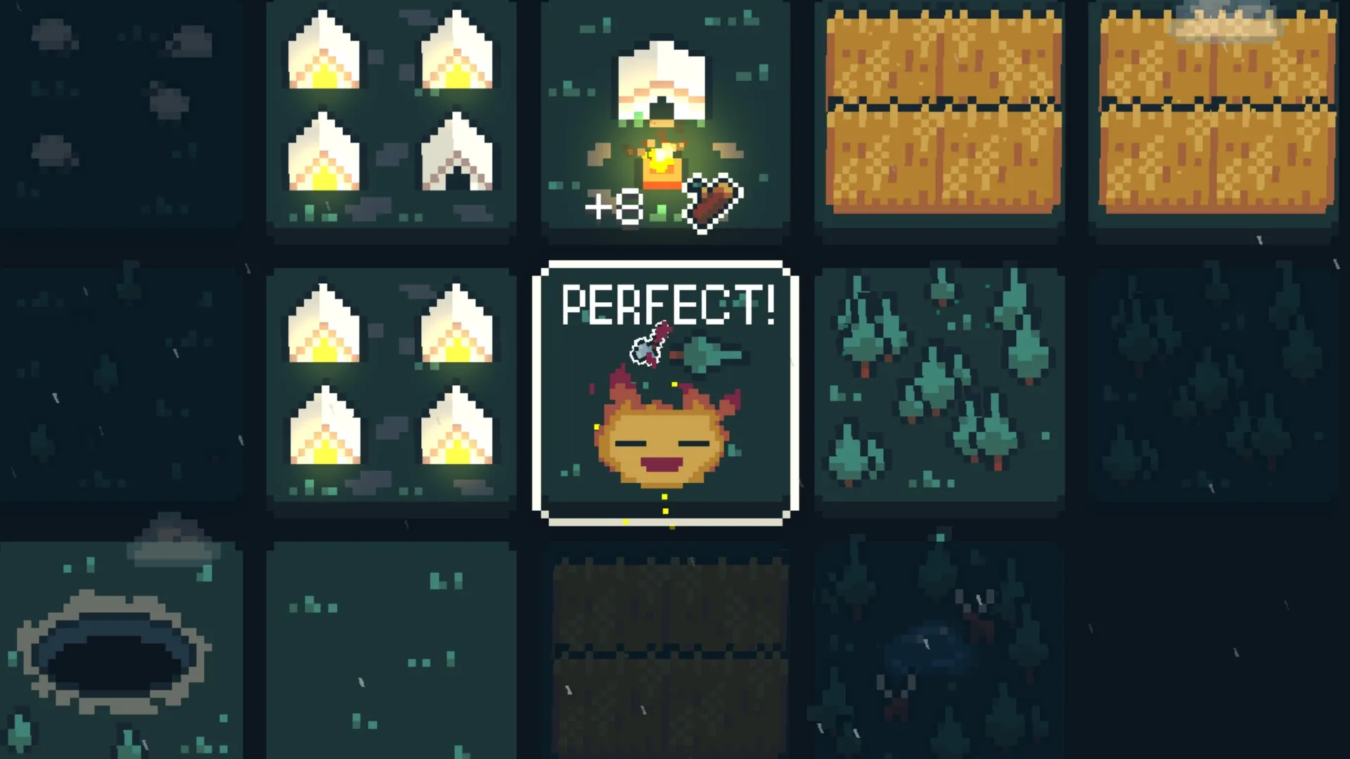 Dawnfolk: Resource collection success with "Perfect!" notification in a grid-based forest setting.
