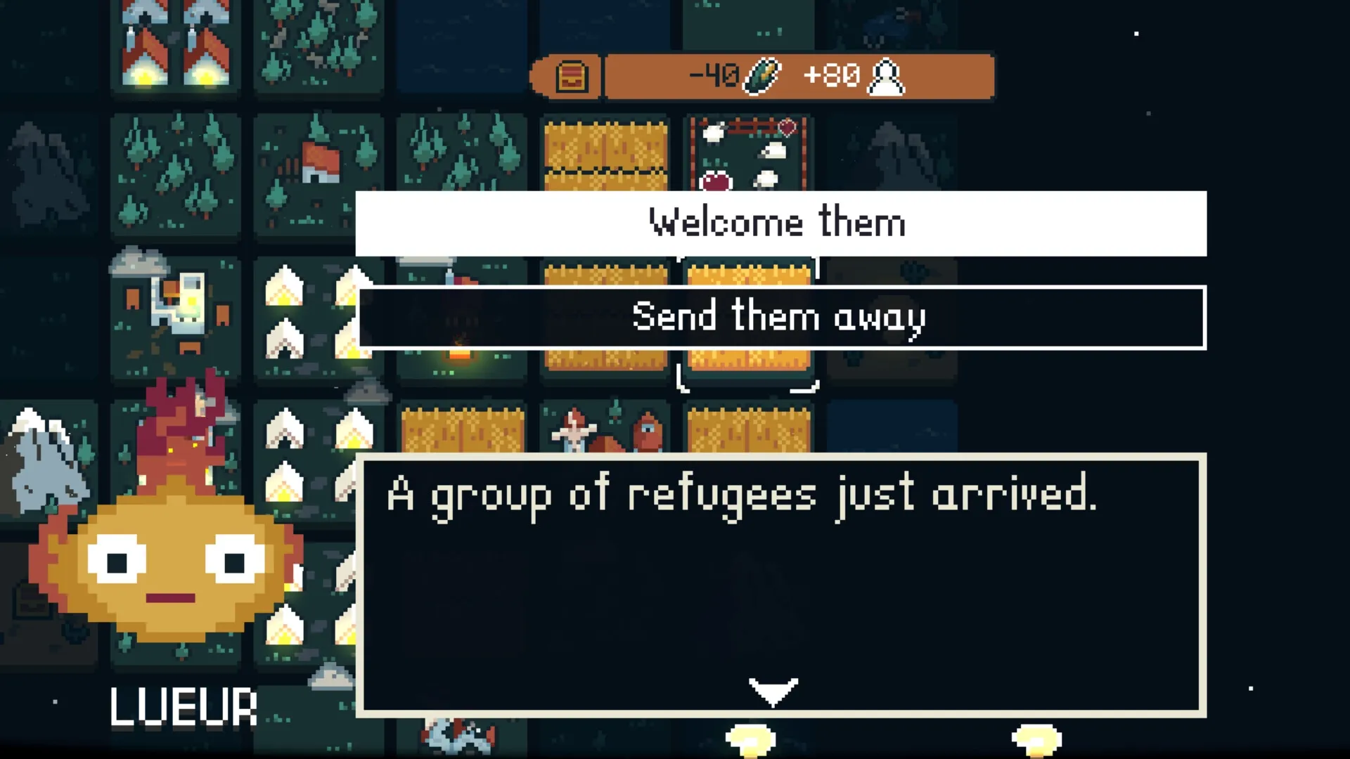 Dawnfolk: Decision menu with options to welcome or send away refugees in a tile-based village setting.