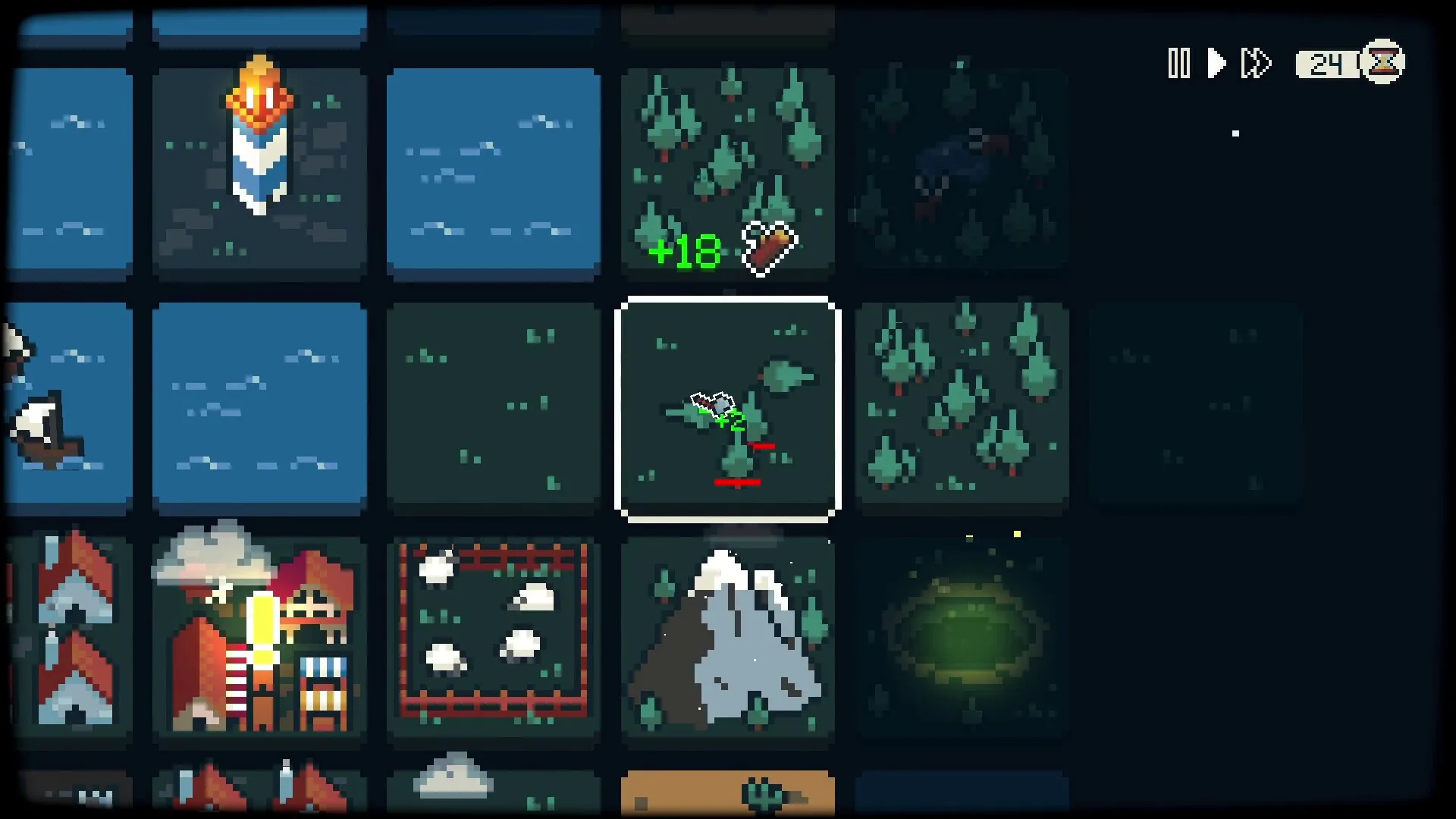 Dawnfolk: Resource collection and forest exploration on a grid-based map with visible UI elements