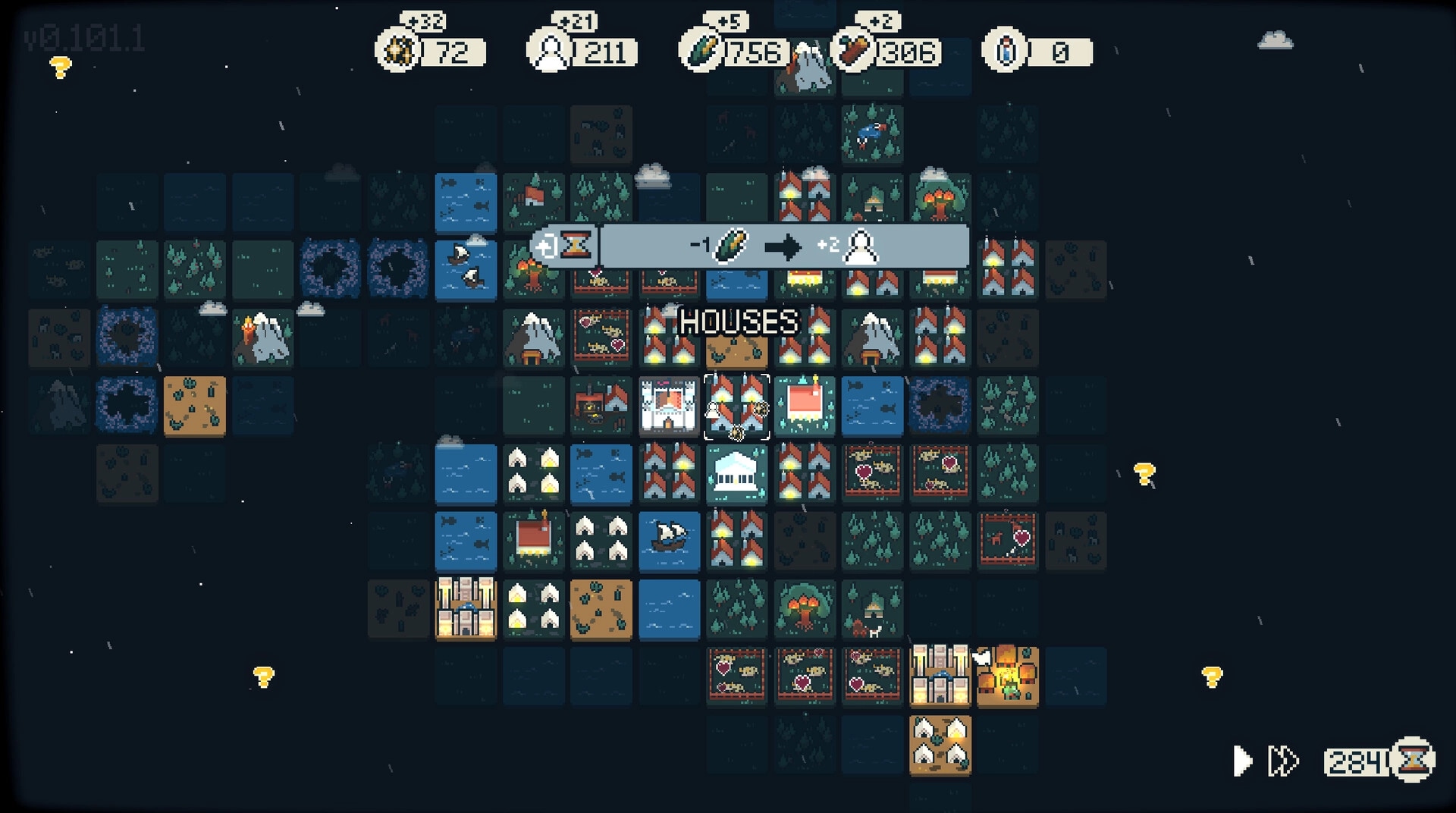 Dawnfolk: Tile-based village overview with resource counters in a dark and minimalist environment
