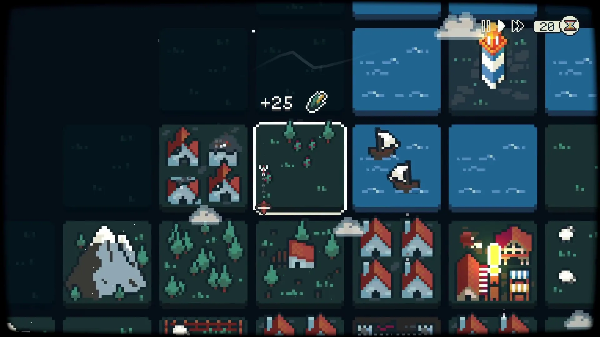 Dawnfolk: Resource collection in grid layout with ships, buildings, and forest tiles visible