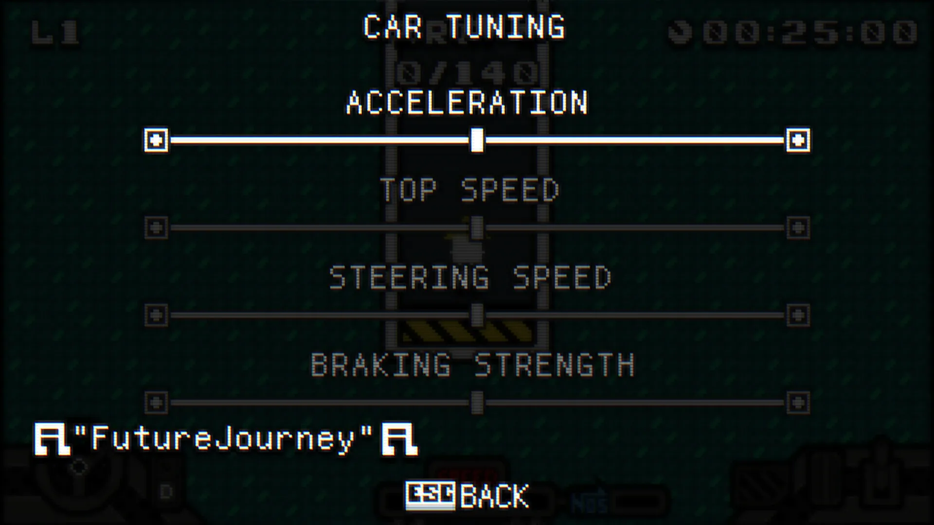 DAY OF DRIFT: Car tuning menu with acceleration, top speed, steering speed, and braking strength options.