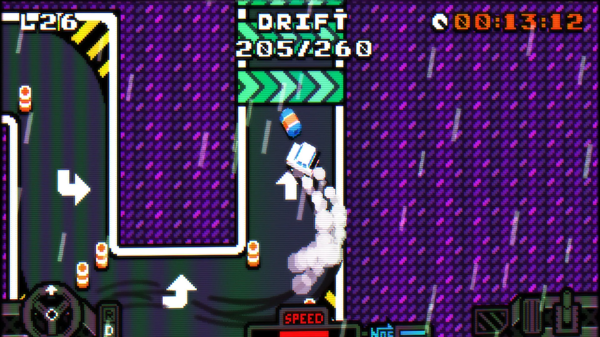 DAY OF DRIFT: Player car drifting around a sharp corner with timer and drift score on vibrant track.