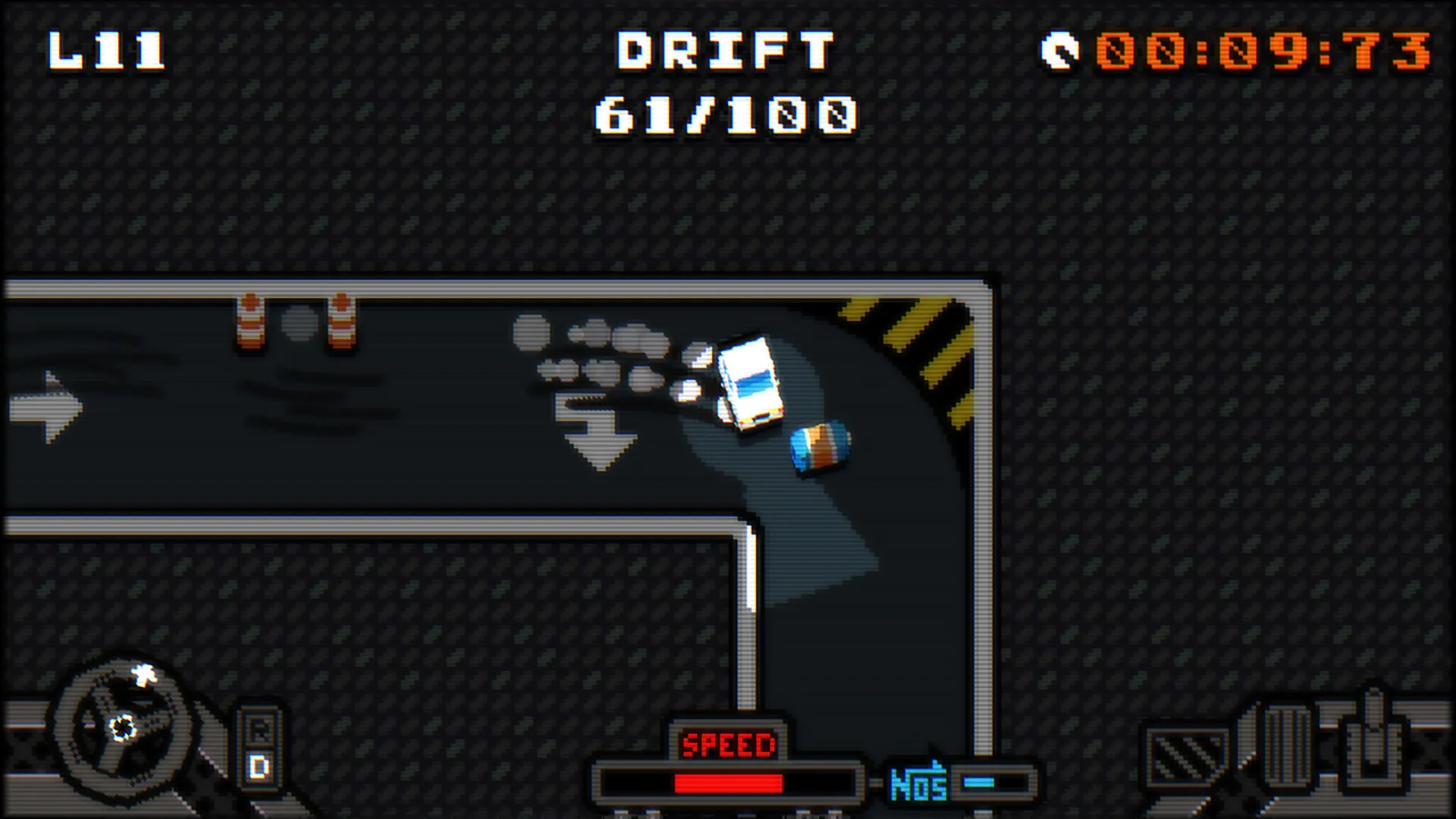 DAY OF DRIFT: Top-down view of a car drifting around a corner, speed and drift score displayed