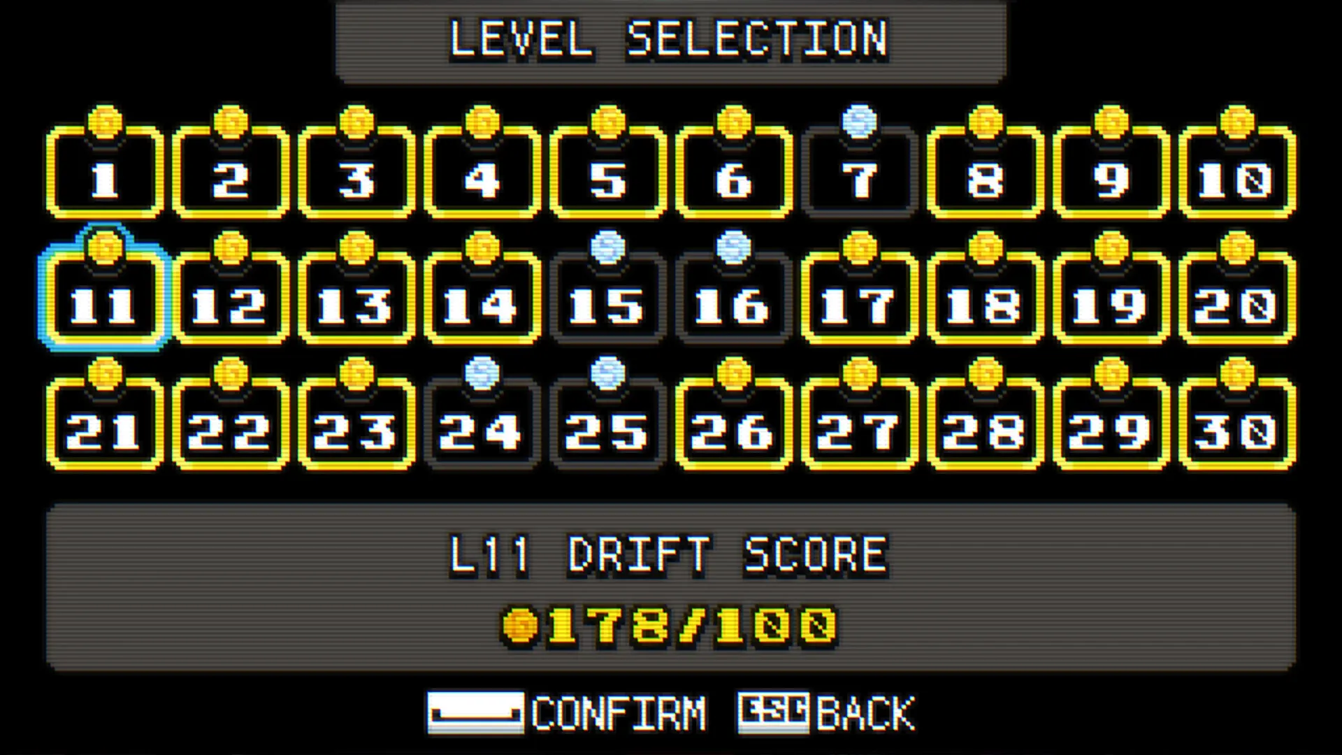 DAY OF DRIFT: Level selection screen showing 30 levels with drift scores and confirm, back options