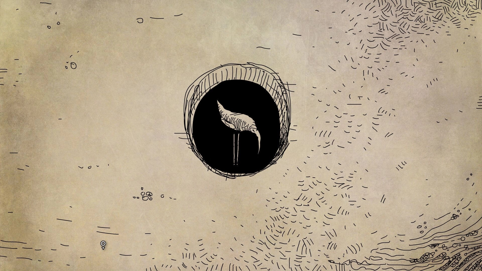 Daymare Town: Black-and-white drawing of a bird in a circular frame on a textured background