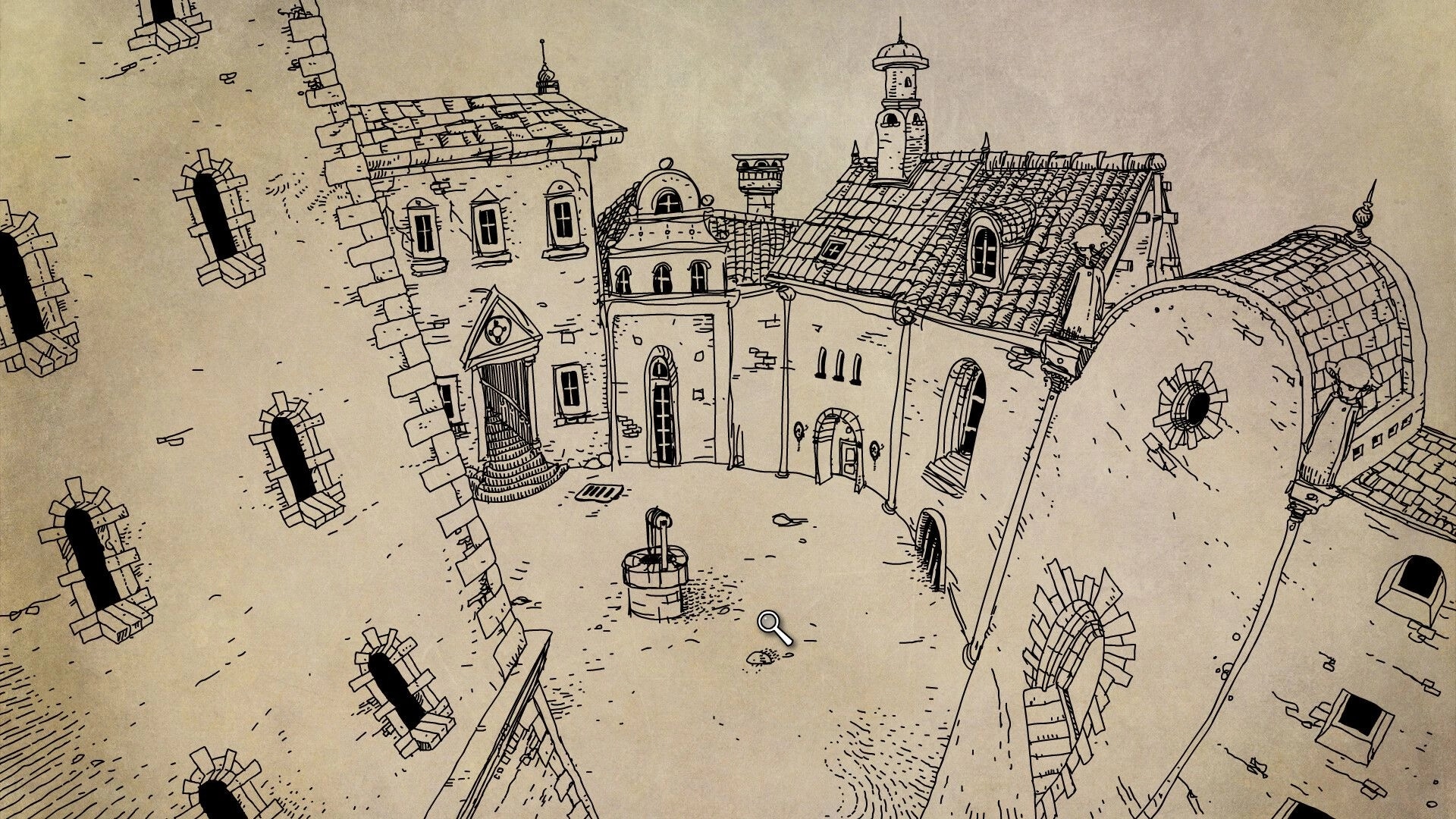 Daymare Town: Central courtyard with well and magnifying glass icon in hand-drawn style buildings