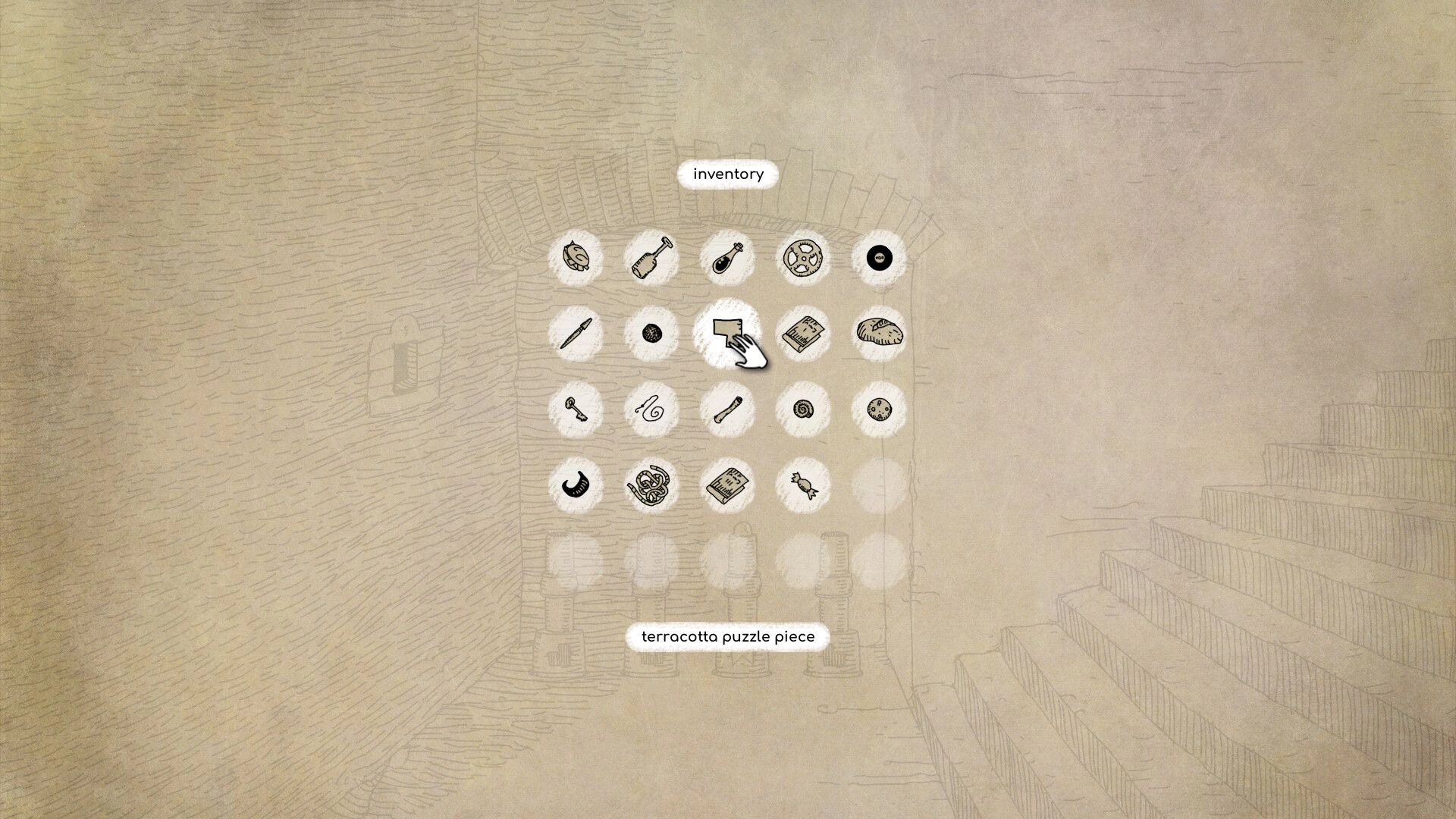 Daymare Town: Inventory grid with various items including terracotta puzzle piece in sketchy environment