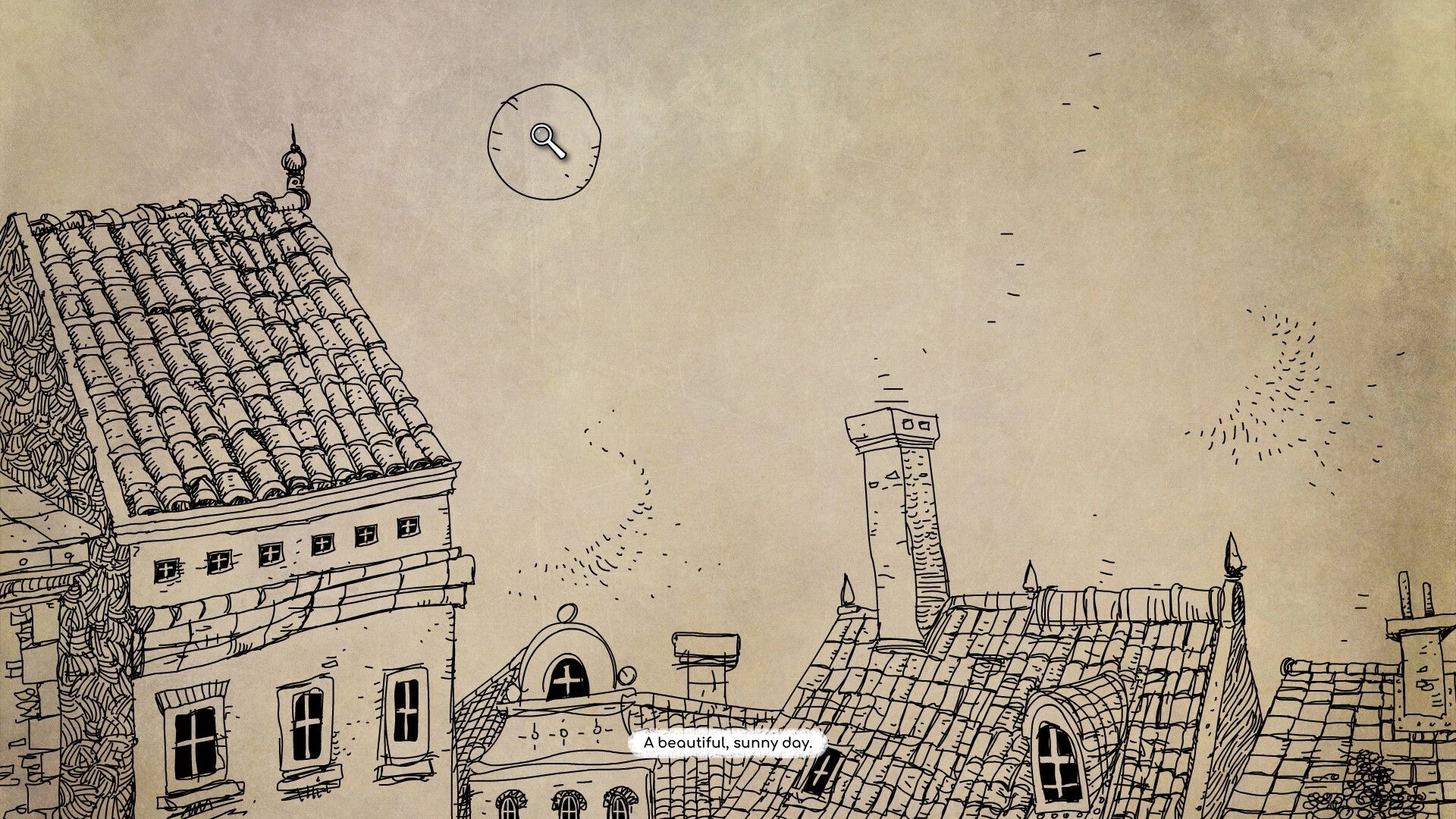 Daymare Town: Rooftop view with search icon and text "A beautiful, sunny day" in a sketchy style.