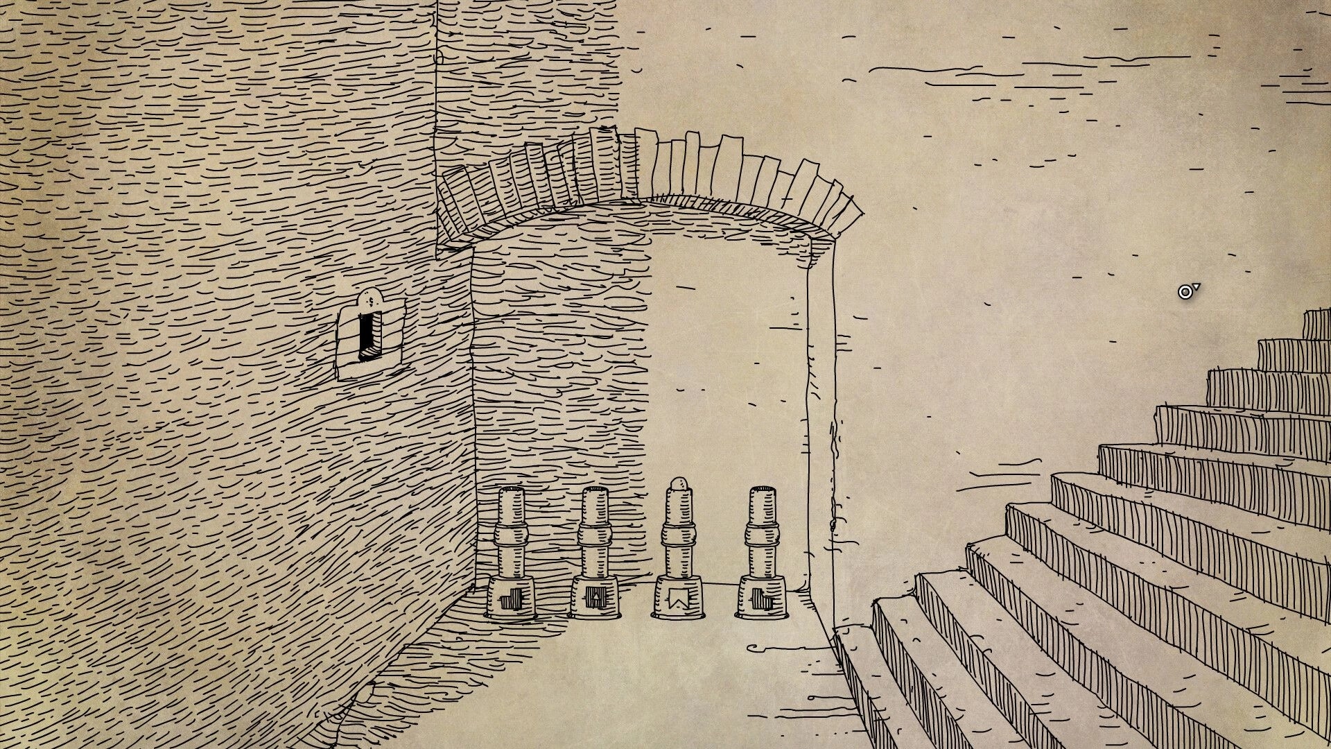Daymare Town: Four puzzle dials beneath archway in a hand-drawn staircase setting