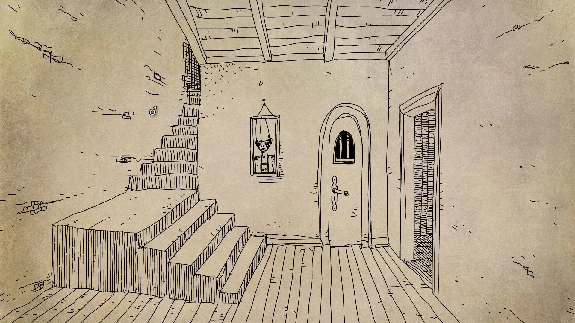 Daymare Town: Staircase and closed door in a dimly lit, sketchy room with a framed portrait on wall