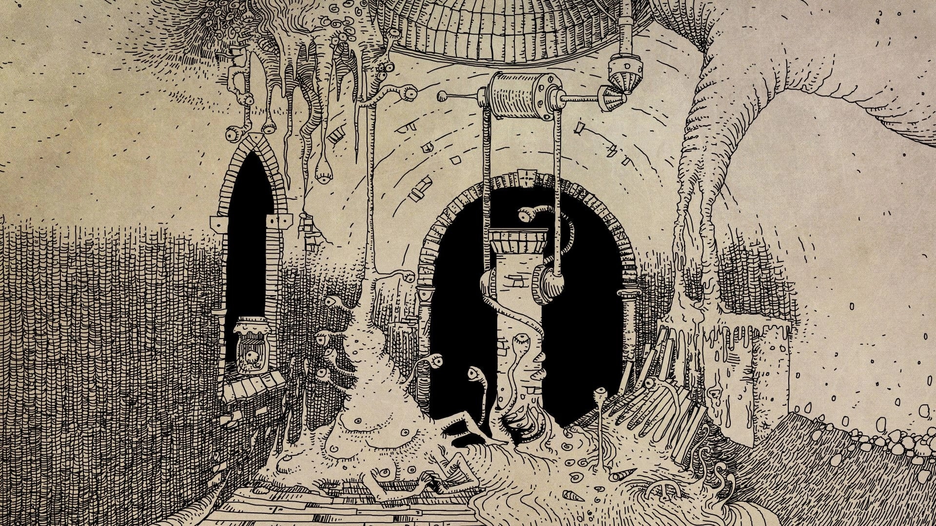 Daymare Town: Metamorph creatures in a cavernous, hand-drawn underground setting with arches and pipes