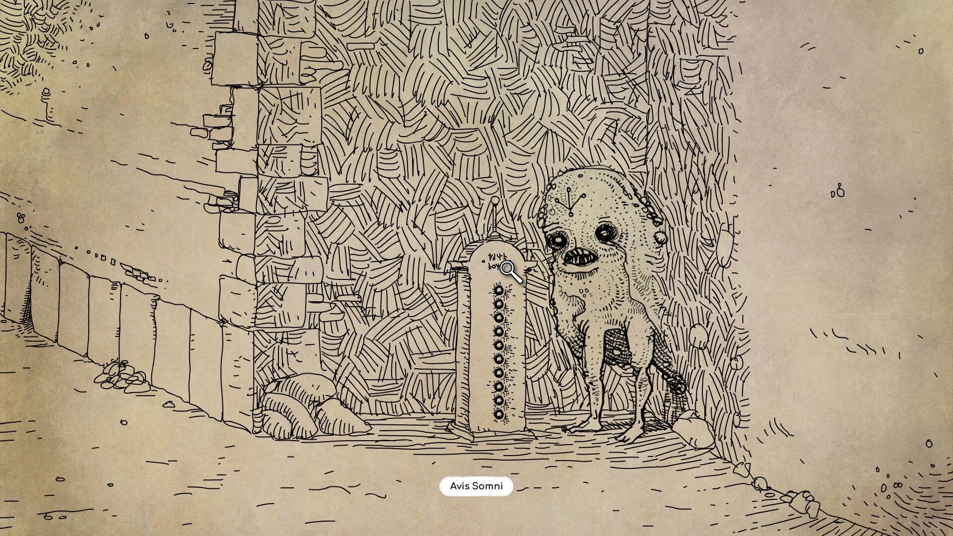 Daymare Town: Peculiar creature beside stone wall interacting with mysterious panel in alleyway