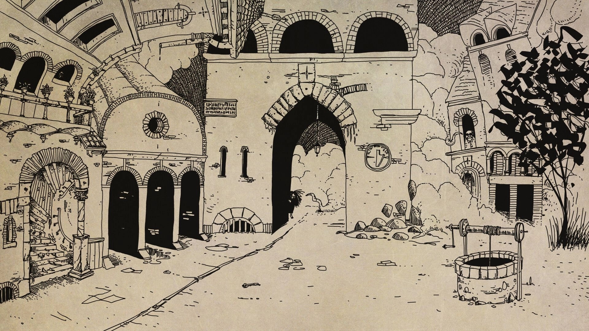 Daymare Town: Deserted cobblestone courtyard with arches, stairway, and a mysterious dark figure lurking.