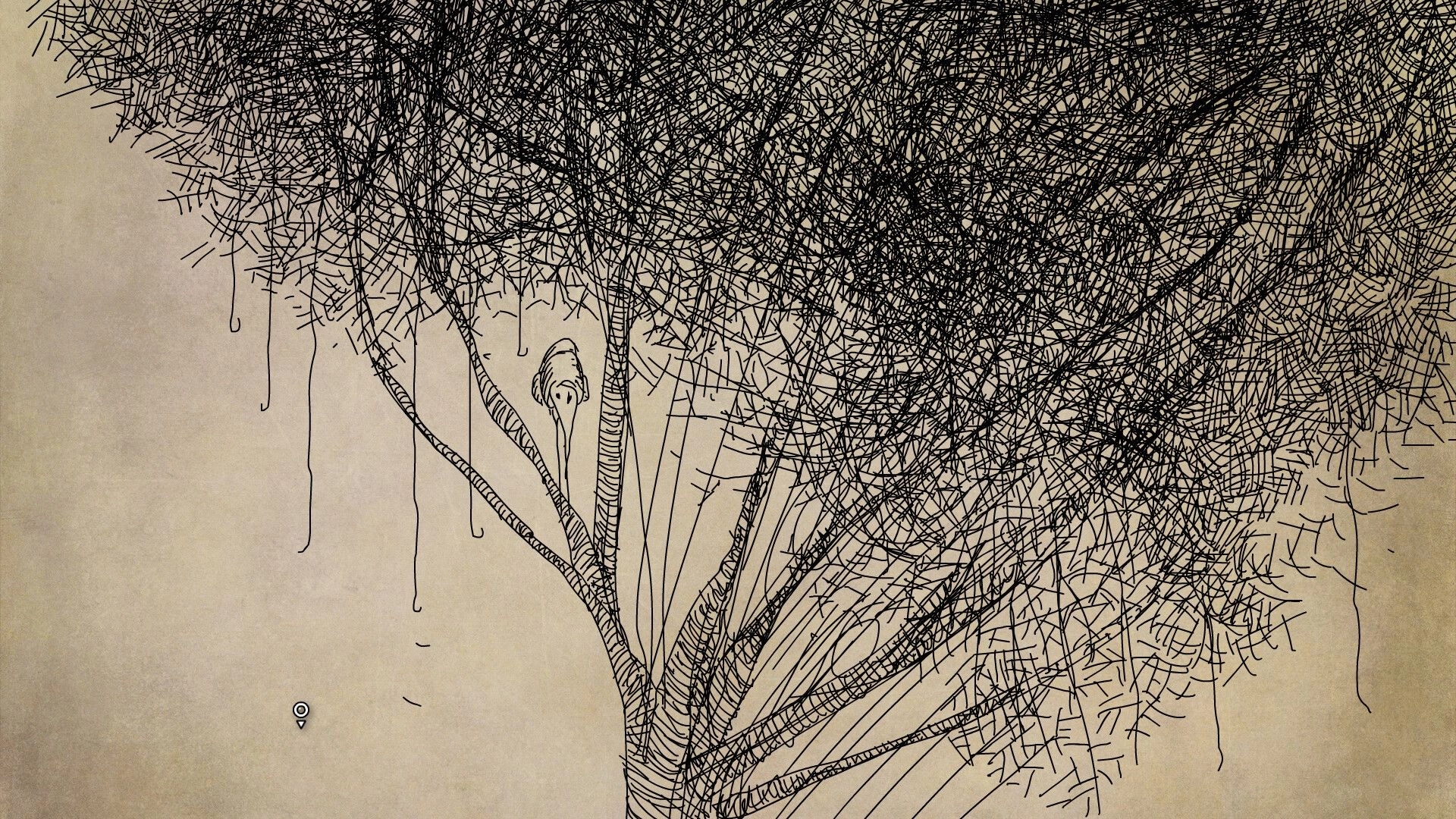 Daymare Town: Character hiding in a tangled tree, surrounded by intricate hand-drawn branches