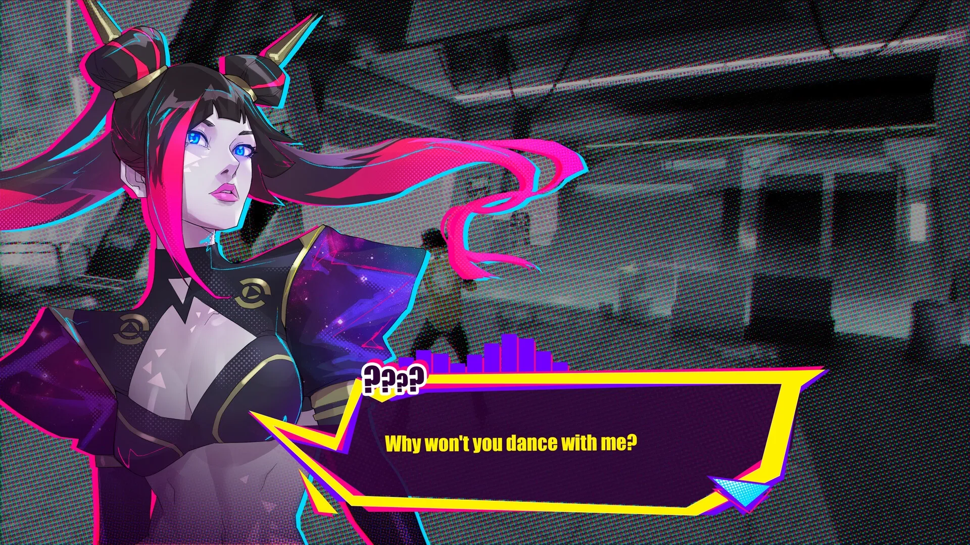 Dead as Disco: Mysterious character with vibrant hair challenges player in a neon-lit dialogue scene.