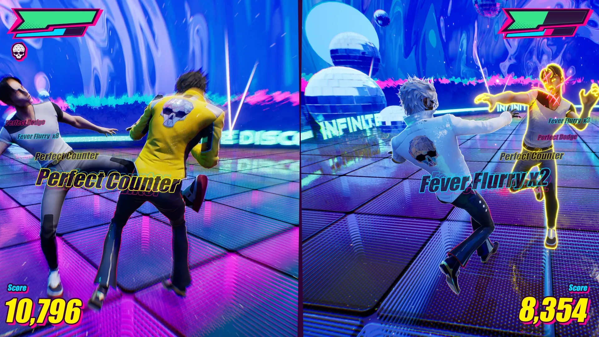 Dead as Disco: Charlie executes a Perfect Counter and Fever Flurry in neon dance floor arena.