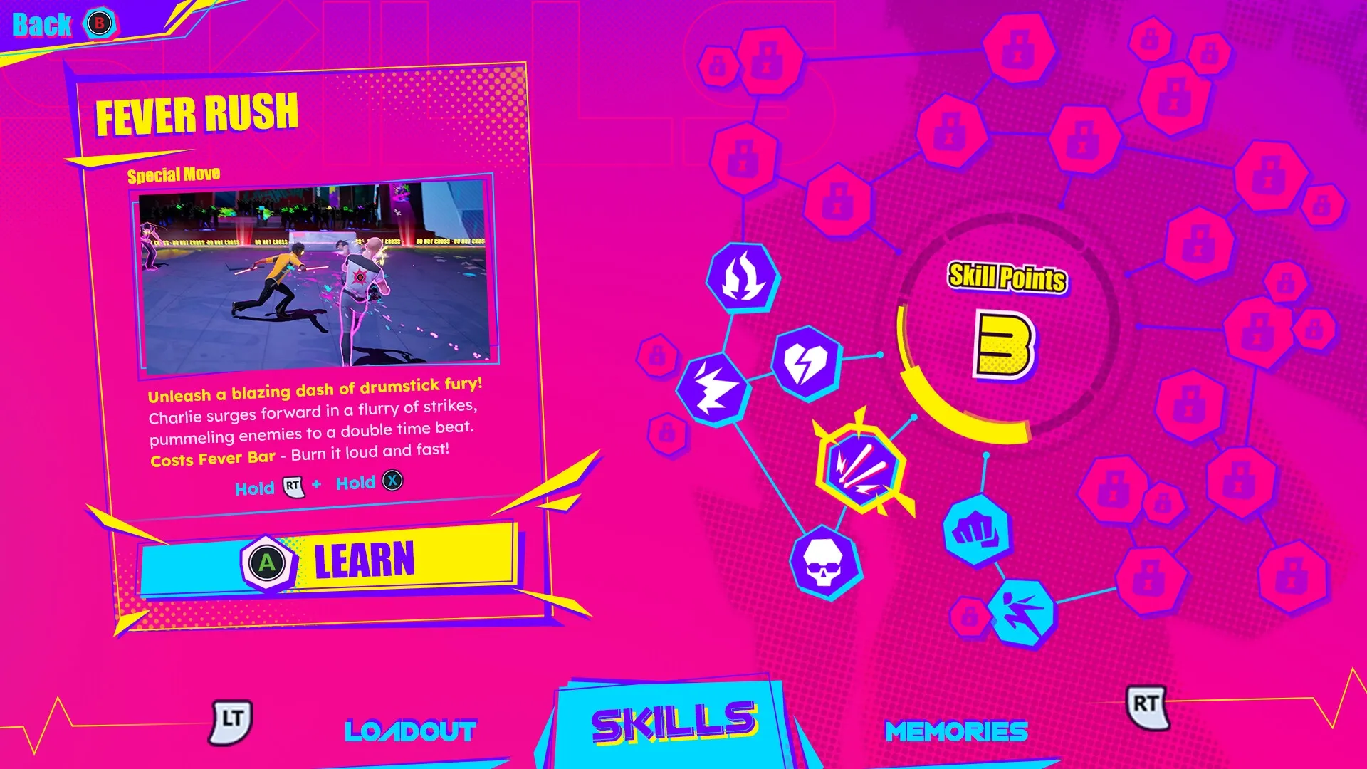 Dead as Disco: Skill upgrade screen with "Fever Rush" move details and 3 skill points available