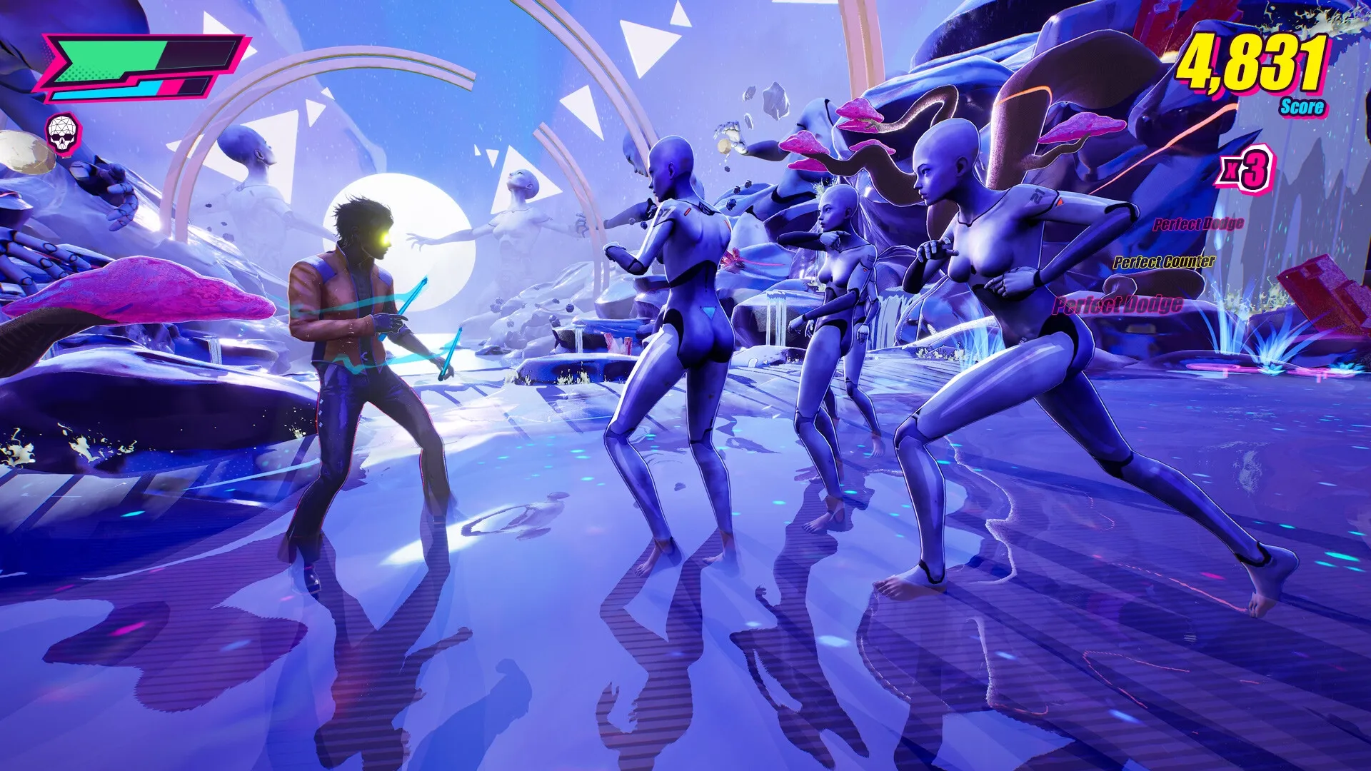 Dead as Disco: Charlie Disco battling three androids in a vibrant neon arena with score display.