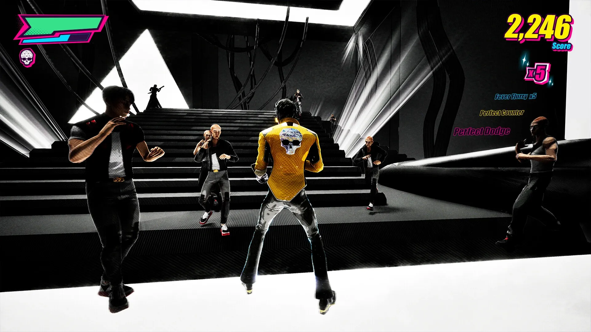 Dead as Disco: Charlie Disco faces five enemies on a neon-lit staircase, score displayed top right.