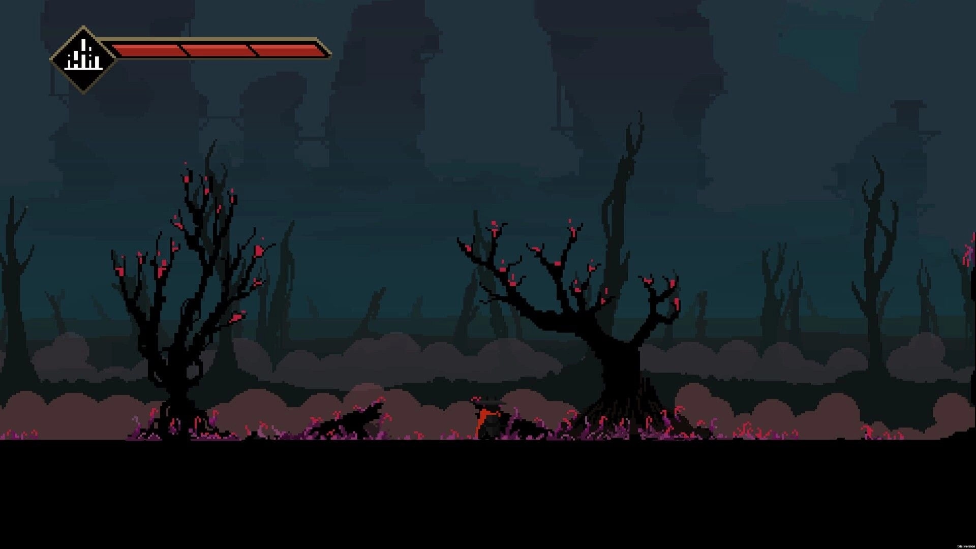亡犬 Dead Dog: Eerie forest with barren trees, red health bar at top, dark atmospheric background.