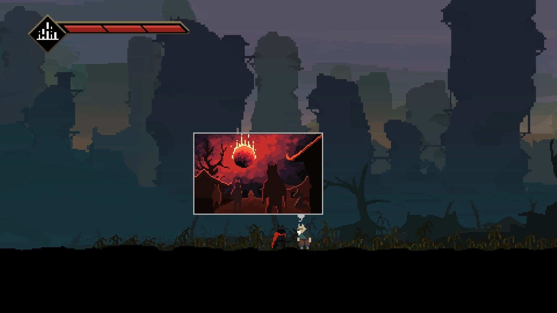 亡犬 Dead Dog: Player character in dark forest, health bar above, inset of eerie red eclipse scene
