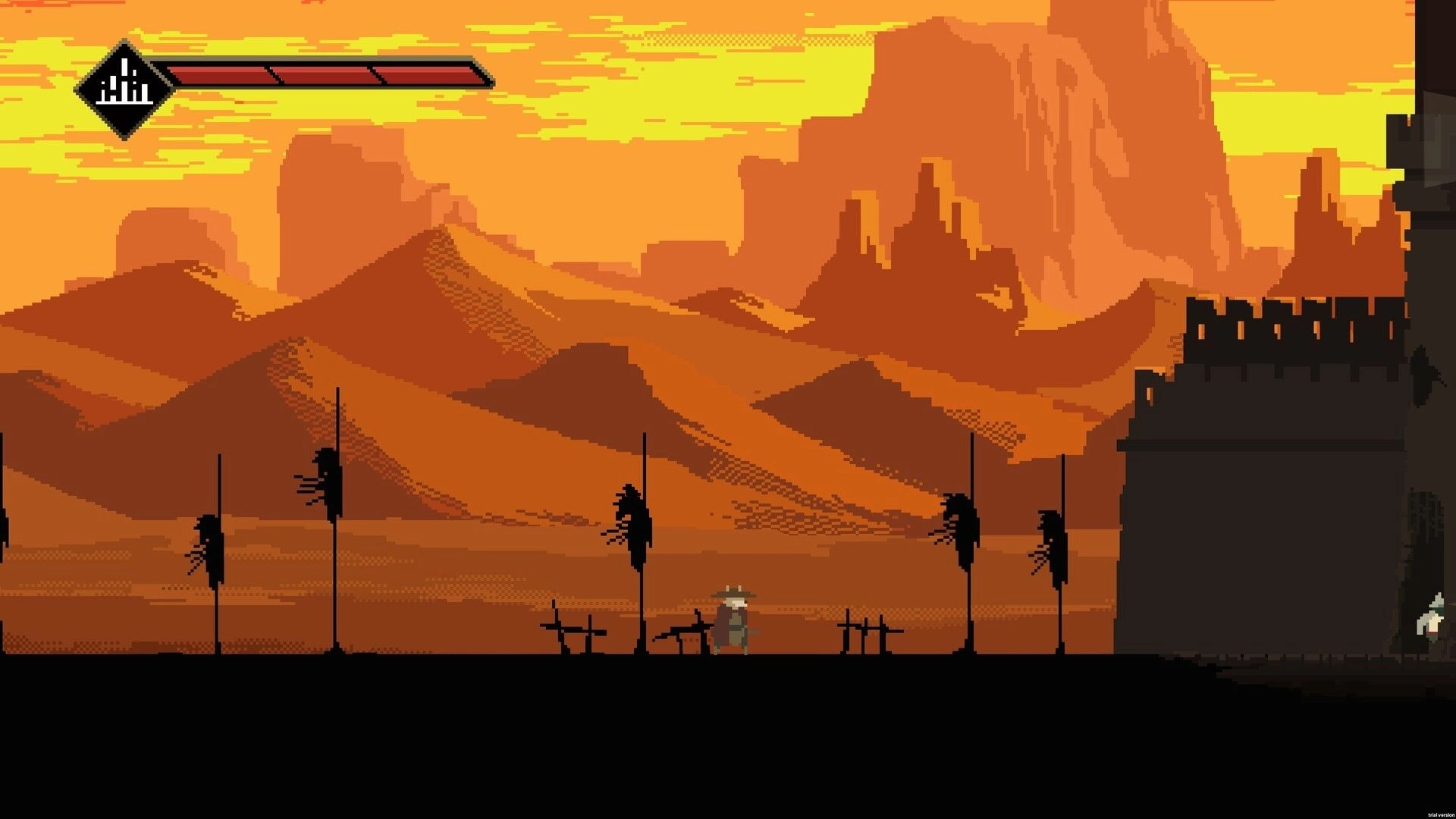 亡犬 Dead Dog: Undead assassin walks through desert landscape with fort in silhouette and health bar visible