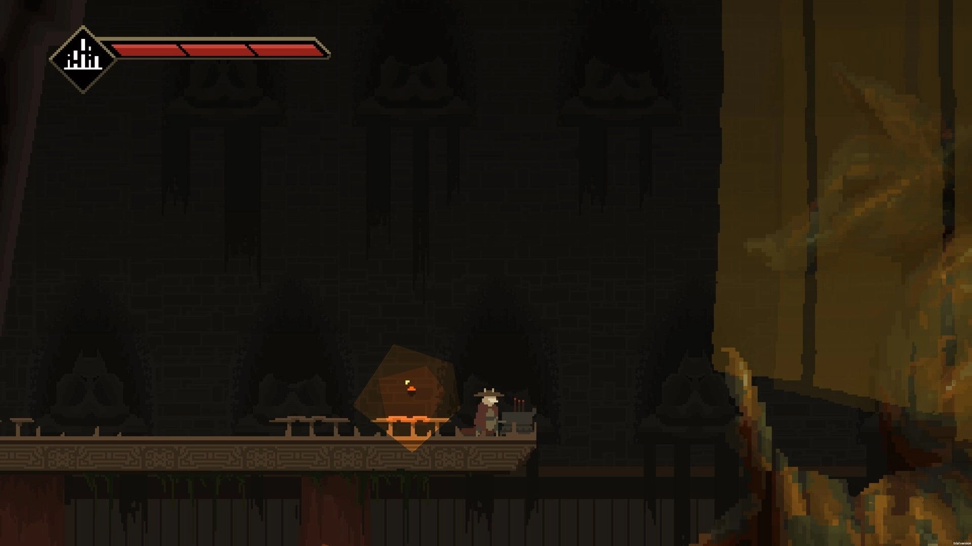 亡犬 Dead Dog: Undead assassin activates console in dark, shadowy corridor with health bar displayed.