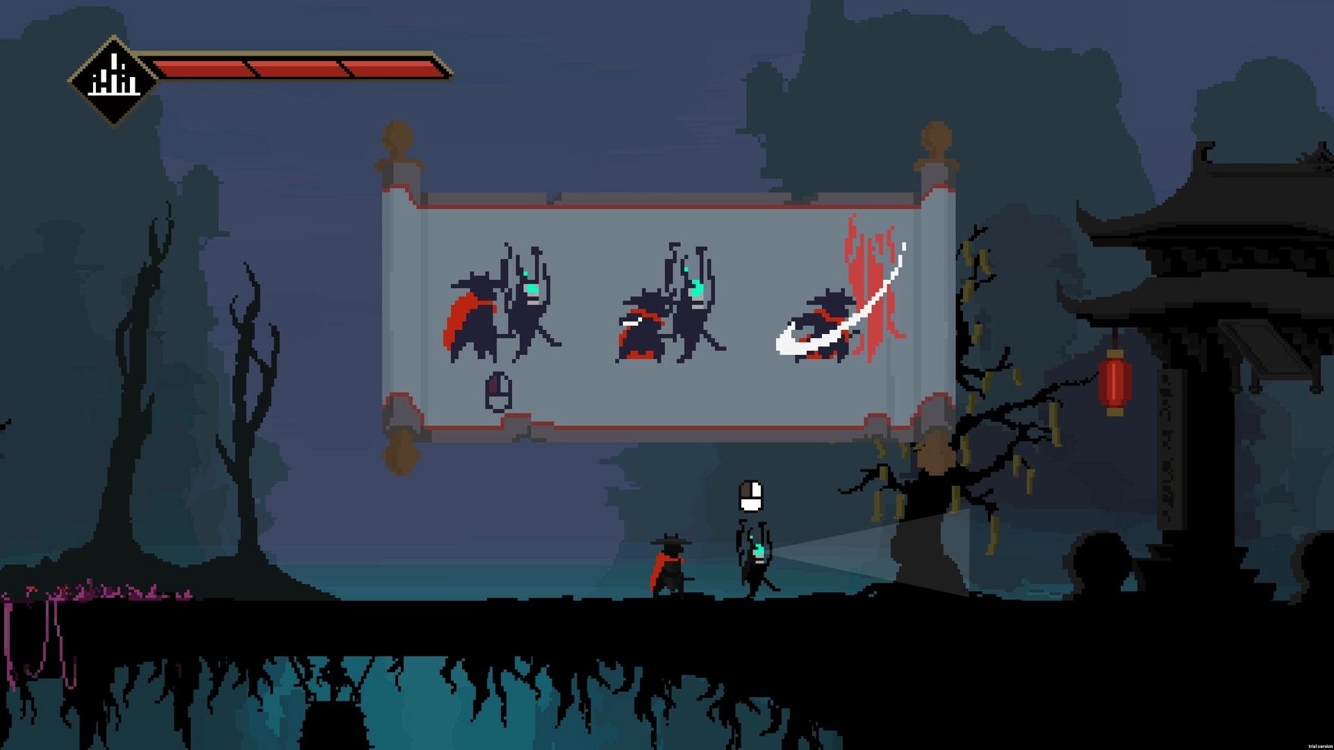 亡犬 Dead Dog: Player and enemy in dark forest with scroll showing combat moves and health bar visible