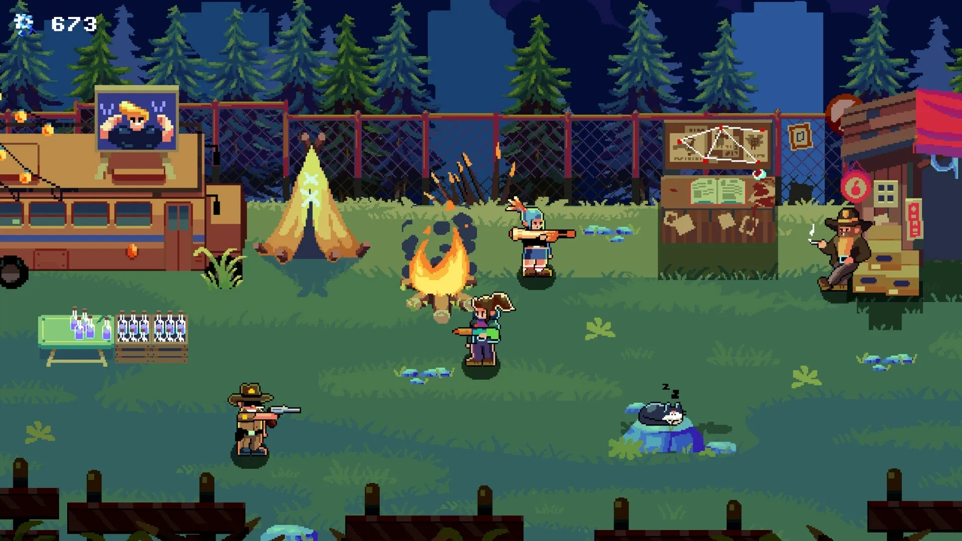 Dead Engine: Characters gather around campfire with weapons in a forest clearing at night