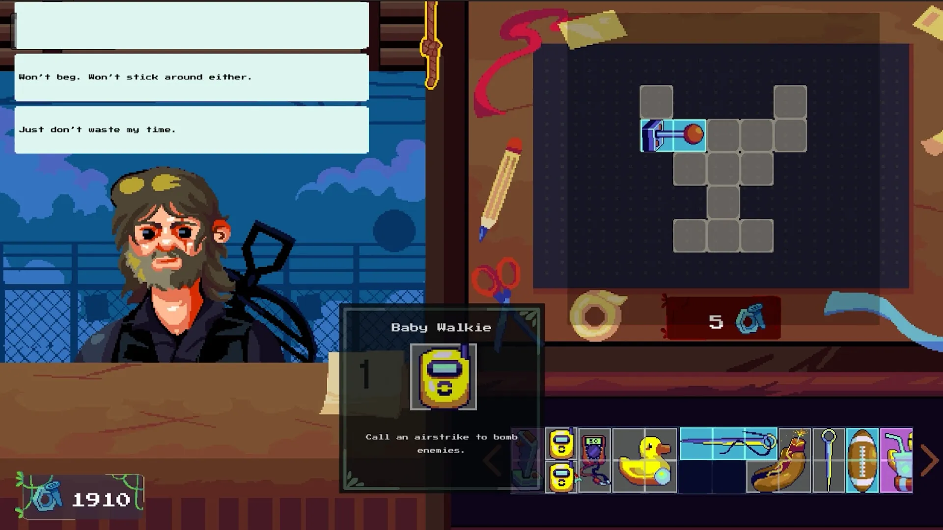 Dead Engine: Trader interaction with item crafting table in a pixel-art post-apocalyptic city setting
