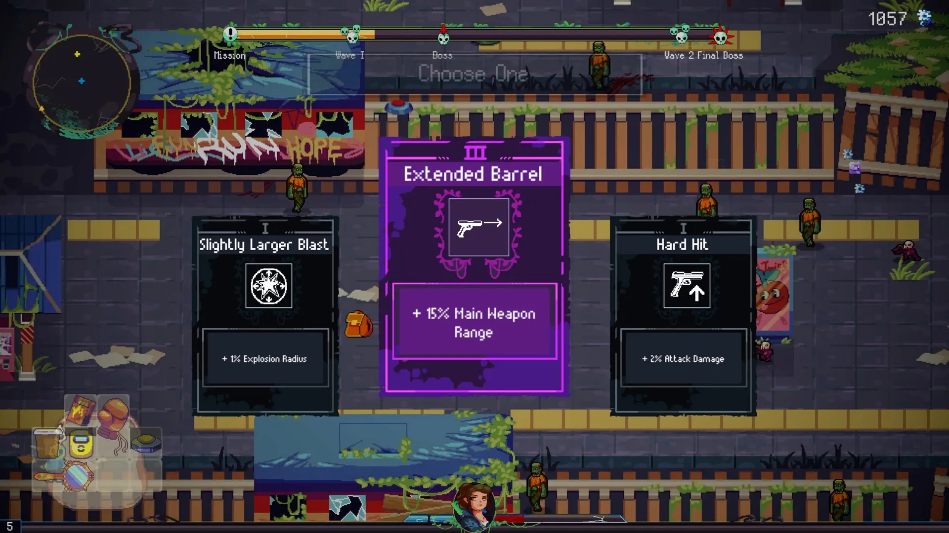 Dead Engine: Player selects weapon upgrade from three options in a zombie-infested city street.