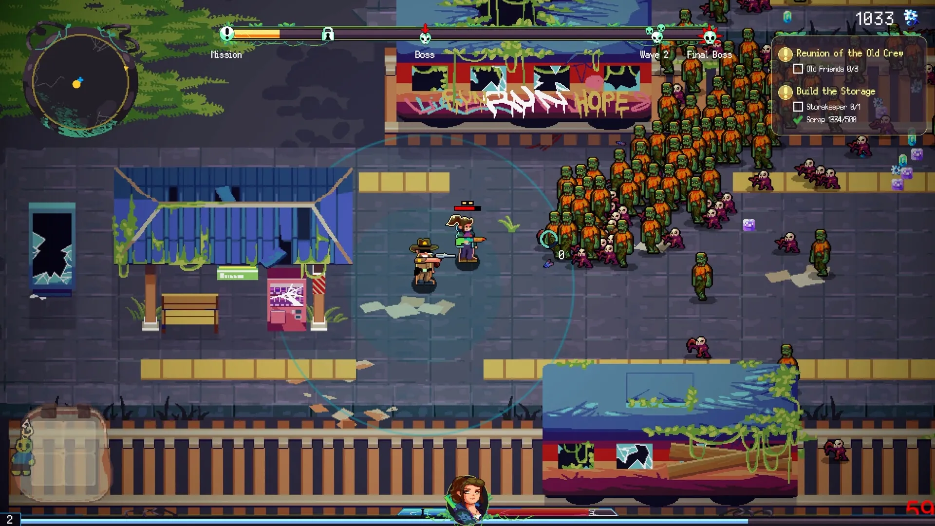 Dead Engine: Players confront a horde of zombies in a pixel-art city with visible mission objectives.