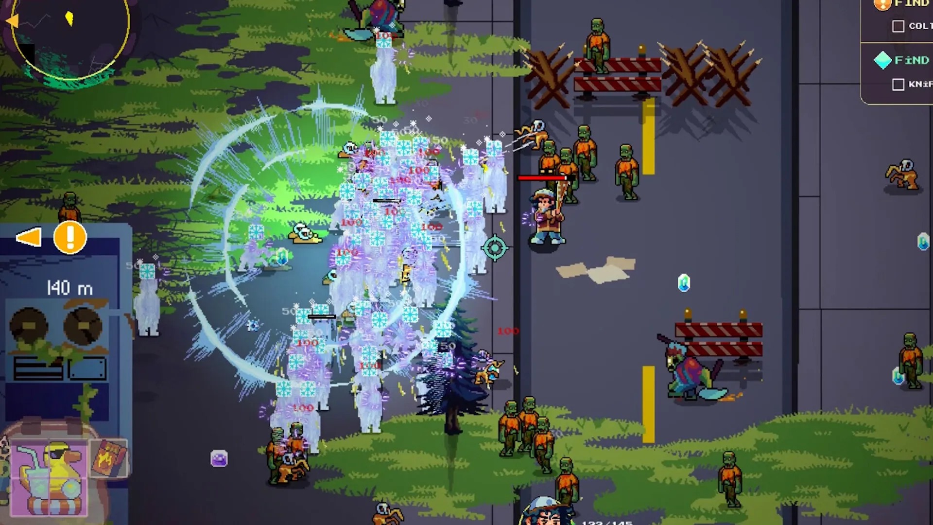 Dead Engine: Player battling zombie horde with special attack in pixel-art city street environment