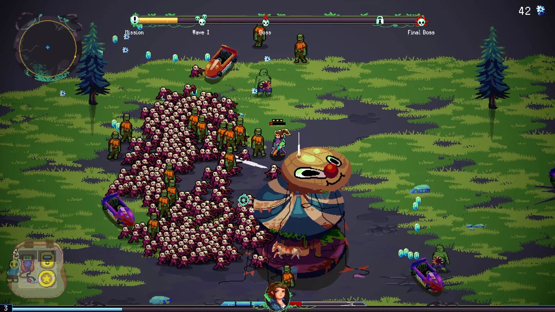 Dead Engine: Player battles hordes of zombies near a carnival tent in a grassy post-apocalyptic city.