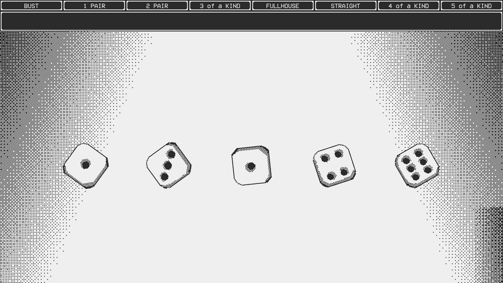 Dead Finger Dice: Rolling dice for poker hands with options like bust, full house on pixelated display