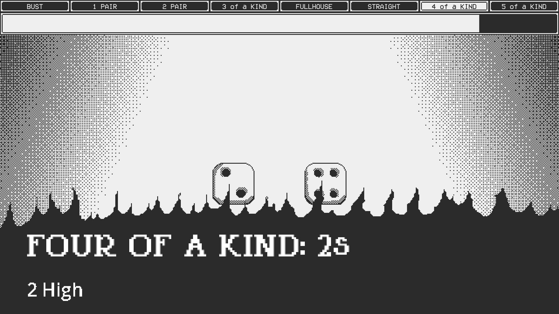 Dead Finger Dice: Four of a kind roll with 2s shown in monochrome dice interface on demon yacht
