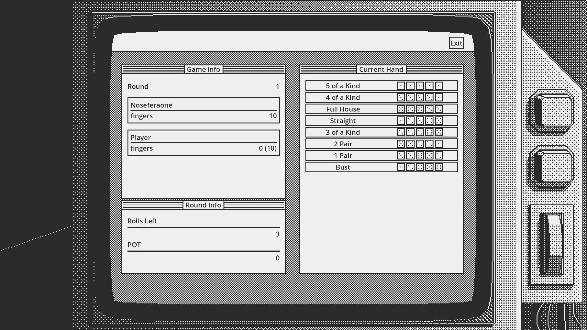 Dead Finger Dice: Game info screen showing round details and current hand options on a retro display.
