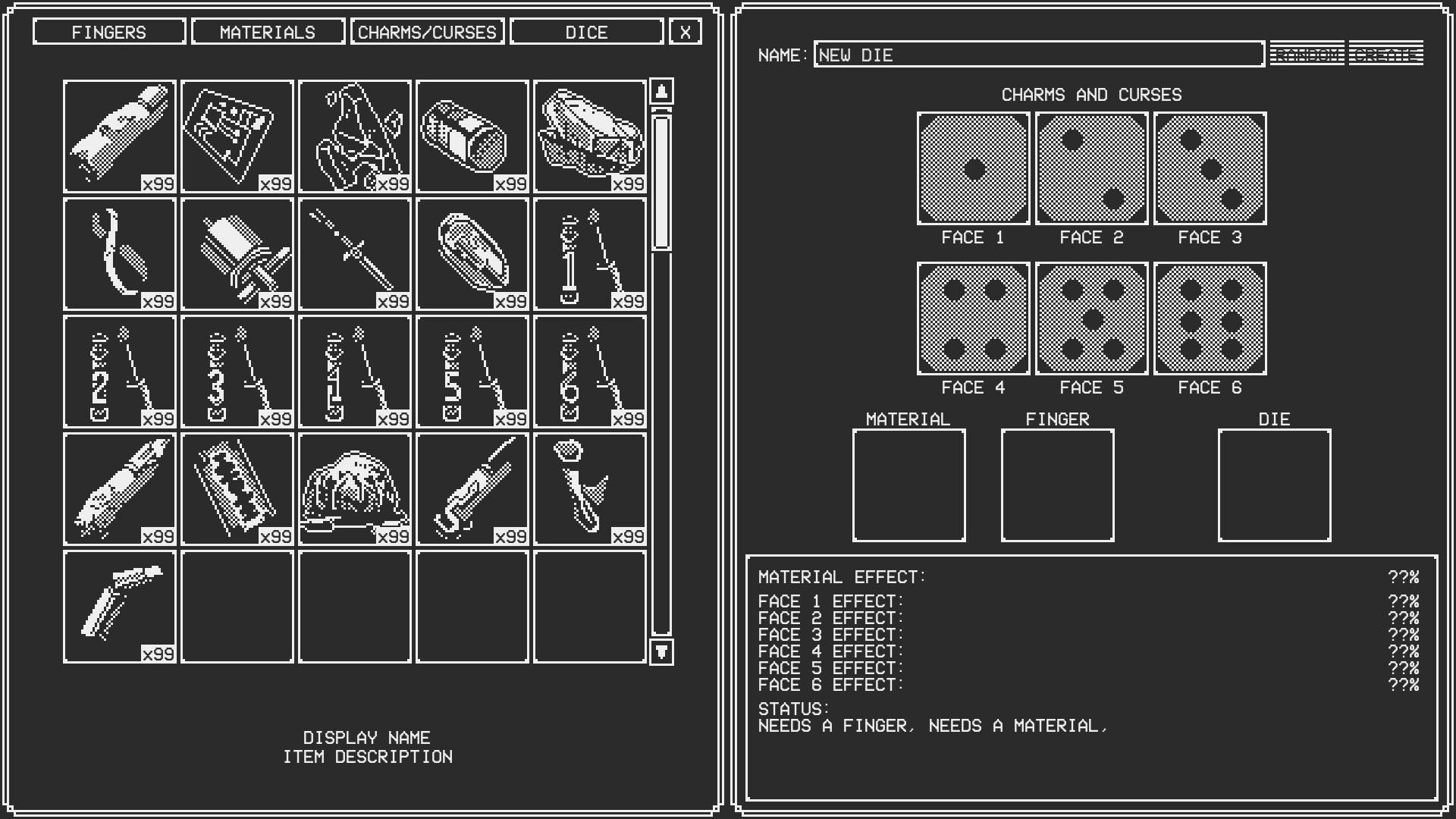 Dead Finger Dice: Inventory and dice crafting menu with materials, charms, and blank die faces.