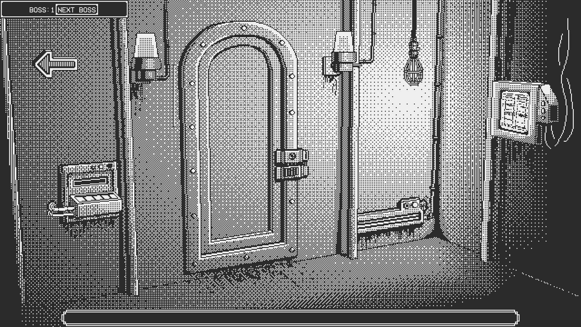 Dead Finger Dice: Metal door with arrow indicator and control panel in dimly lit corridor setting