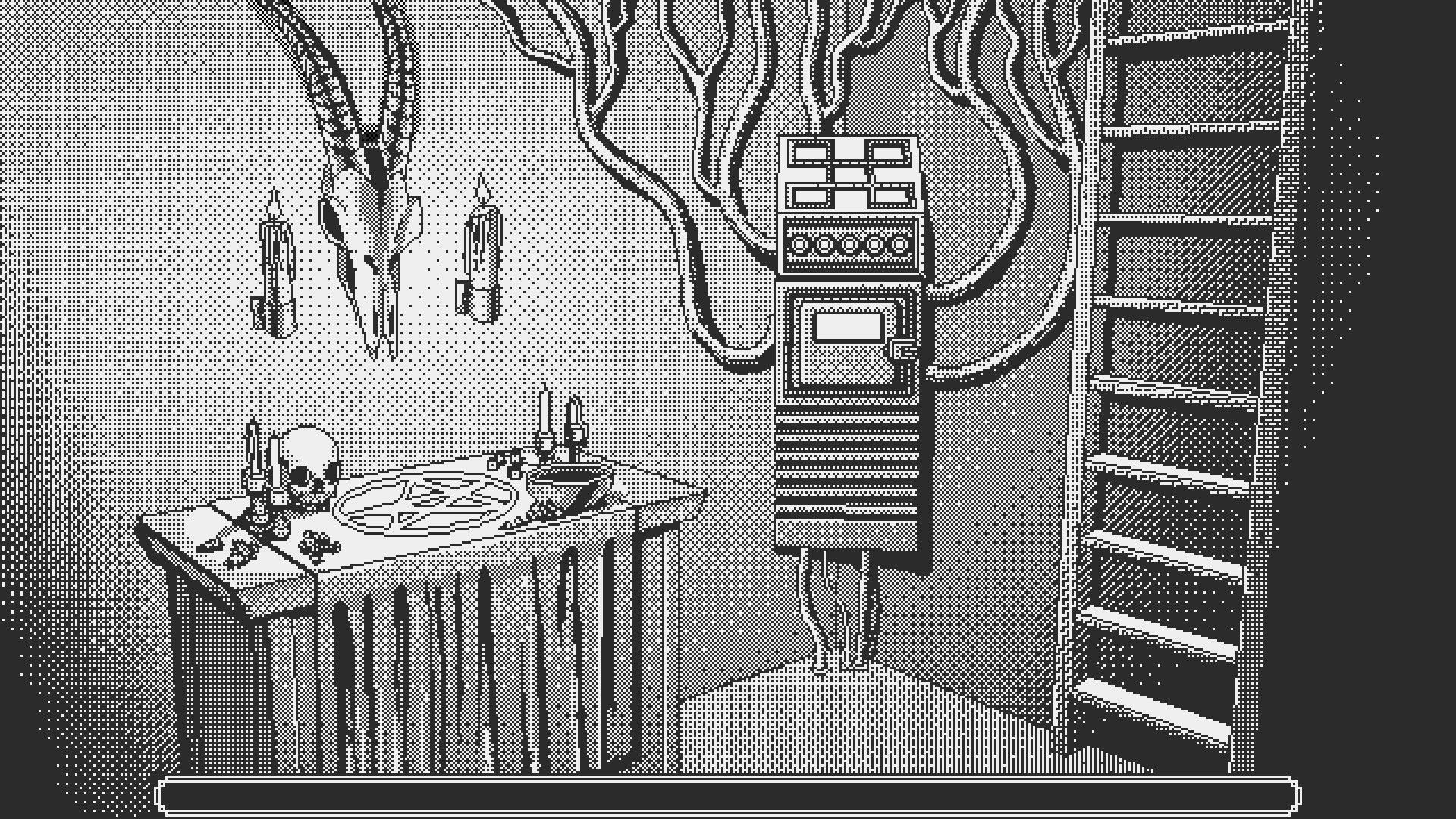 Dead Finger Dice: Ritual room with skull, candles, pentagram table, and ladder on demon yacht.