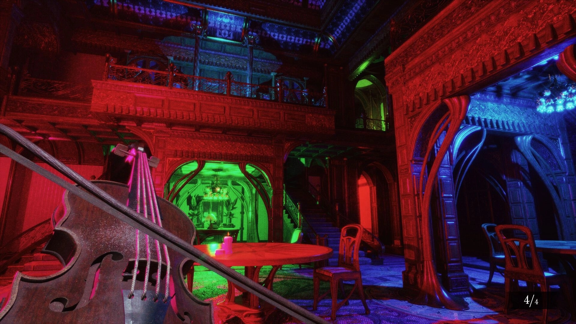 Dead Format: Ornate hall with colorful lighting, cello foreground, staircase, and dining table visible.