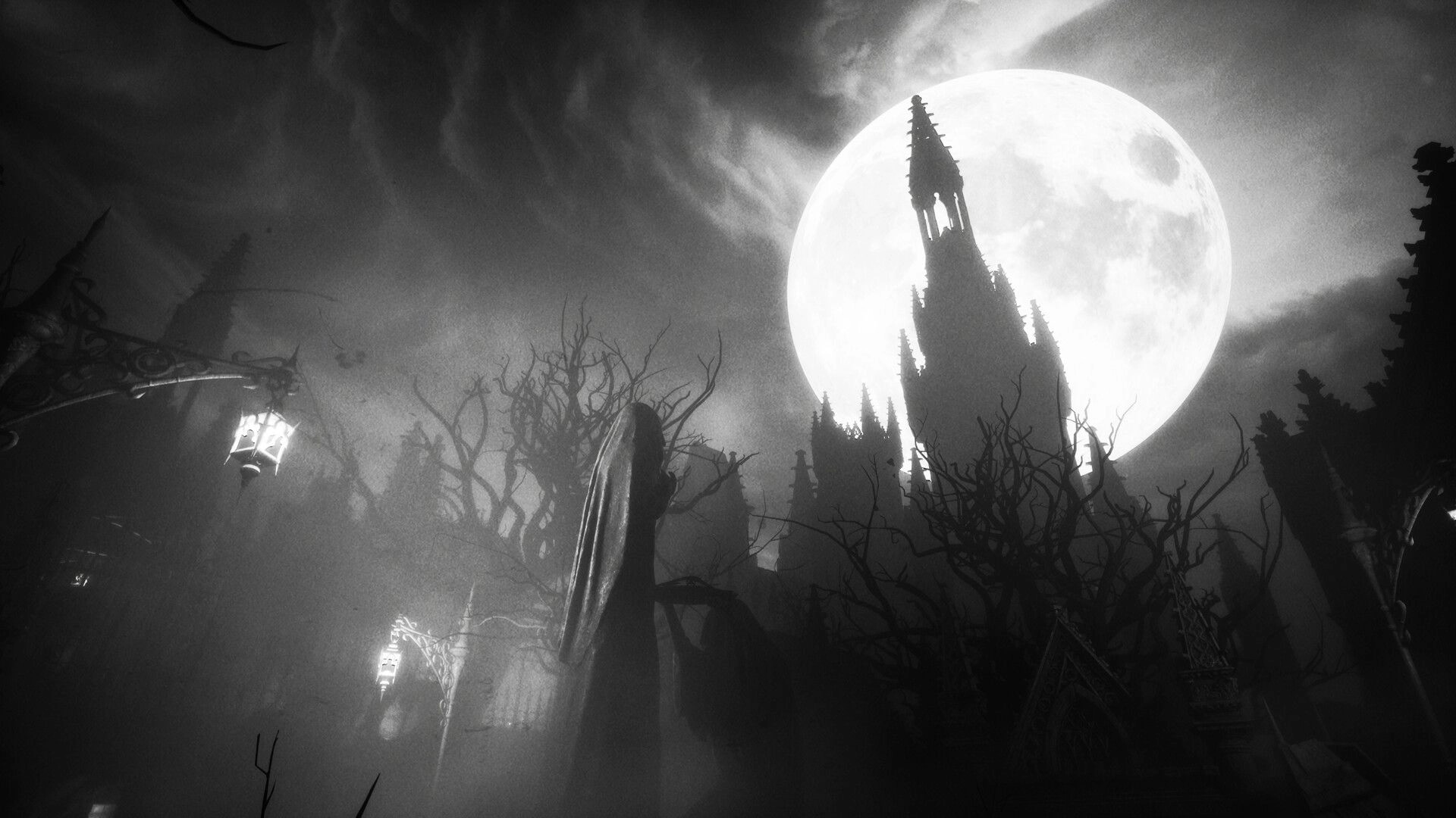 Dead Format: Gothic cathedral silhouette under full moon, with eerie trees and lantern-lit path