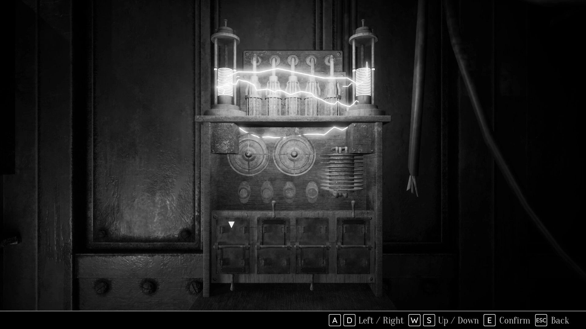 Dead Format: Puzzle interface with electrical device in dark room, navigation controls shown at bottom