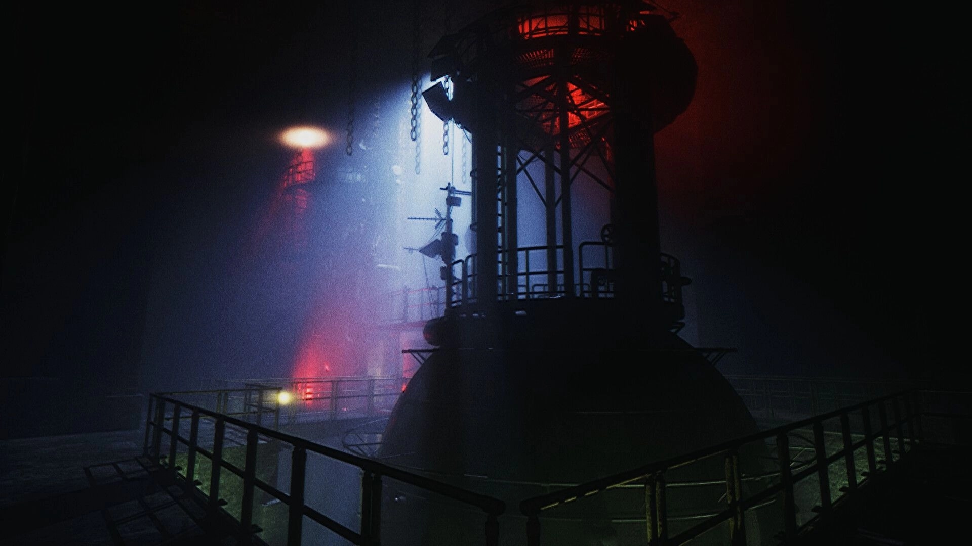 Dead Format: Industrial facility with dim lighting and red glow, surrounded by metal railings and shadows.