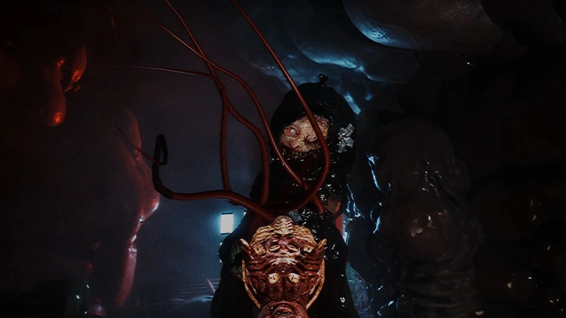 Dead Format: Creepy creature with antlers in a dark cavernous setting filled with organic textures