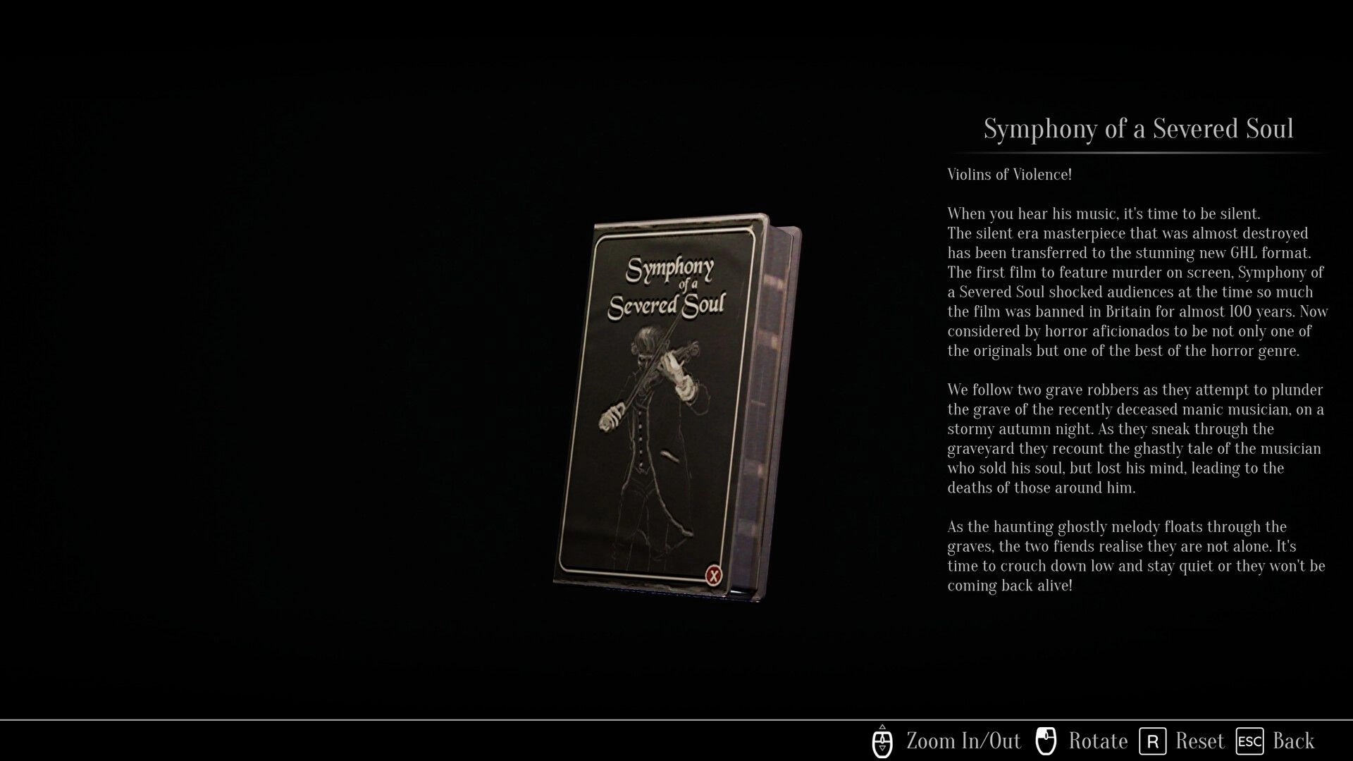 Dead Format: VHS tape "Symphony of a Severed Soul" description with eerie narrative text displayed