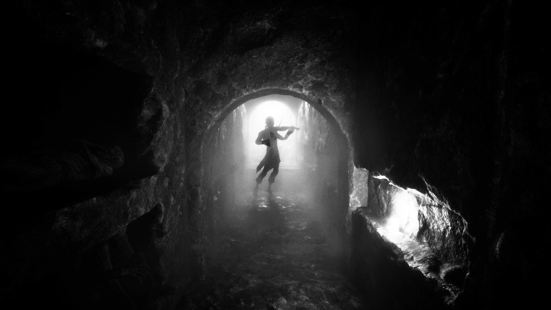Dead Format: Silhouette of a violinist in misty dungeon tunnel, eerie stone walls and dim lighting.